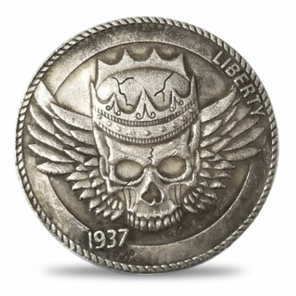 Winged crown skull hobo nickel collectible coin with crowned skull and wings design 1937 gift for collectors available at One More Coin store

