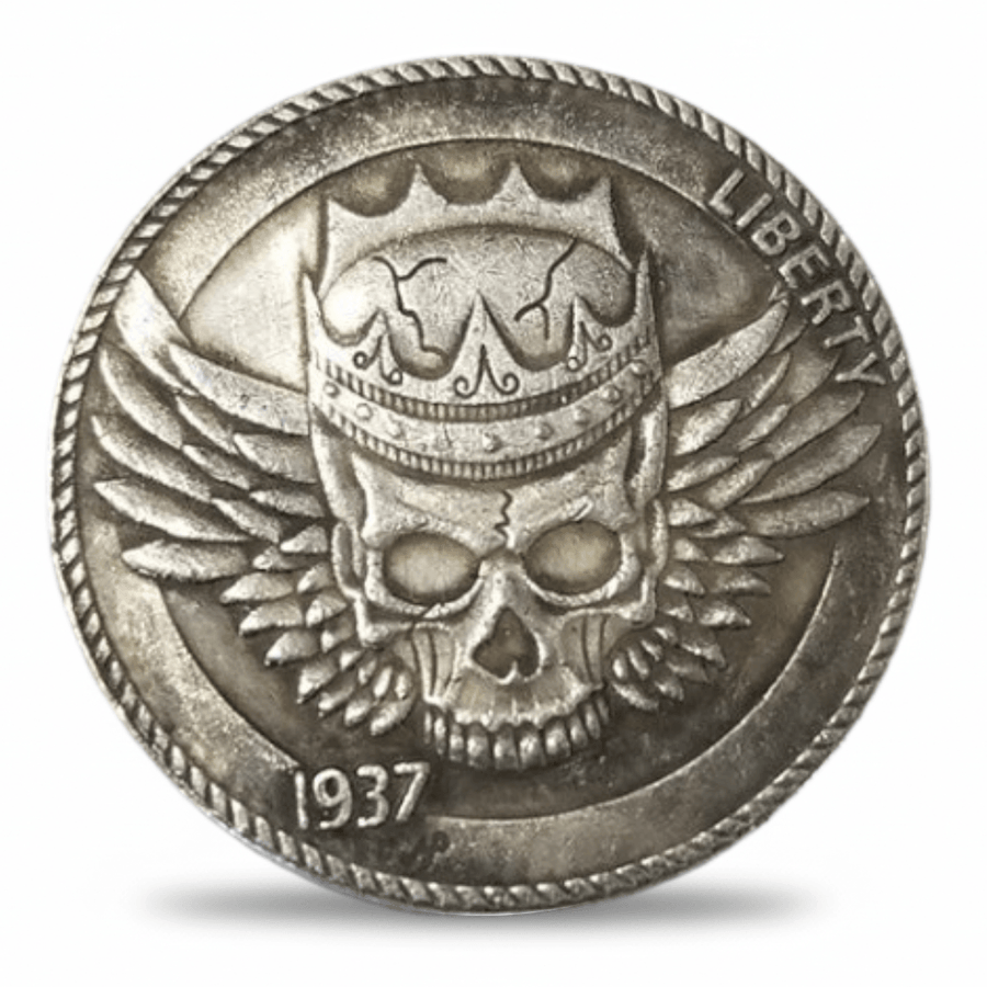 Winged crown skull hobo nickel collectible coin with crowned skull and wings design 1937 gift for collectors available at One More Coin store
