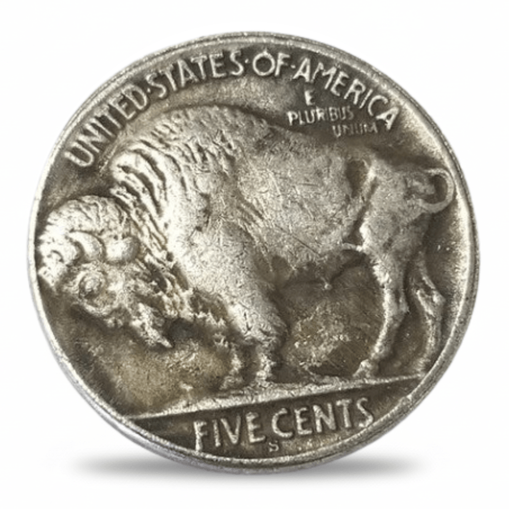 Reverse of winged crown skull hobo nickel collectible coin token showing Buffalo Nickel bison five cents engraving
