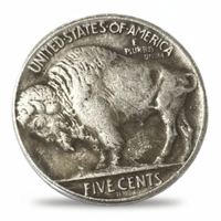 Reverse of winged crown skull hobo nickel collectible coin token showing Buffalo Nickel bison five cents engraving
