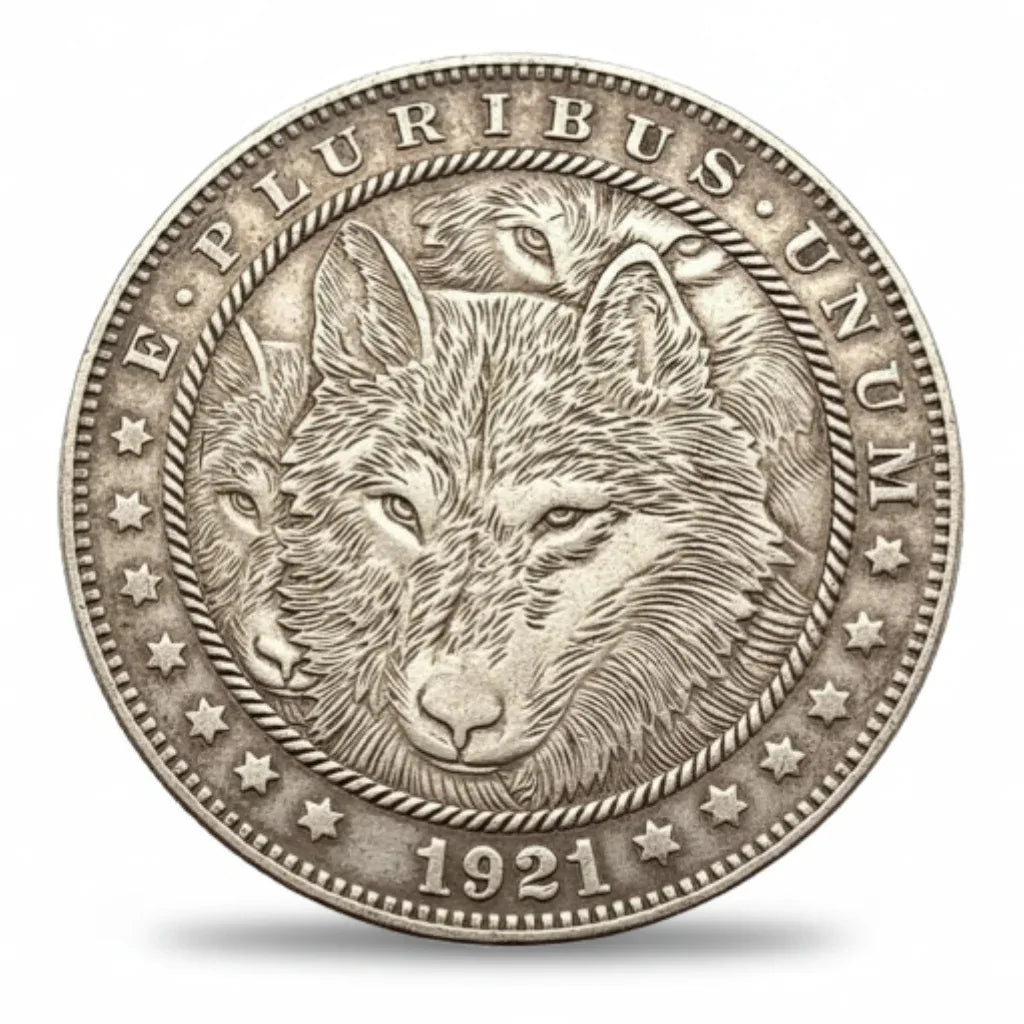 Wolf pack hobo dollar commemorative collectible coin wolf face eagle E Pluribus Unum wildlife gift available at One More Coin store
