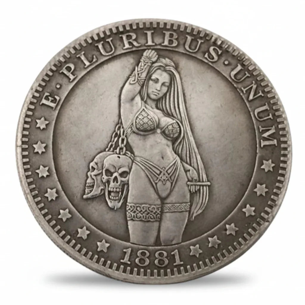 Woman with skulls silver hobo nickel collectible coin 1881 Morgan Dollar style antique silver Gothic folk art gift for collectors available at One More Coin store
