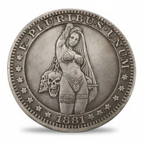 Woman with skulls silver hobo nickel collectible coin 1881 Morgan Dollar style antique silver Gothic folk art gift for collectors available at One More Coin store
