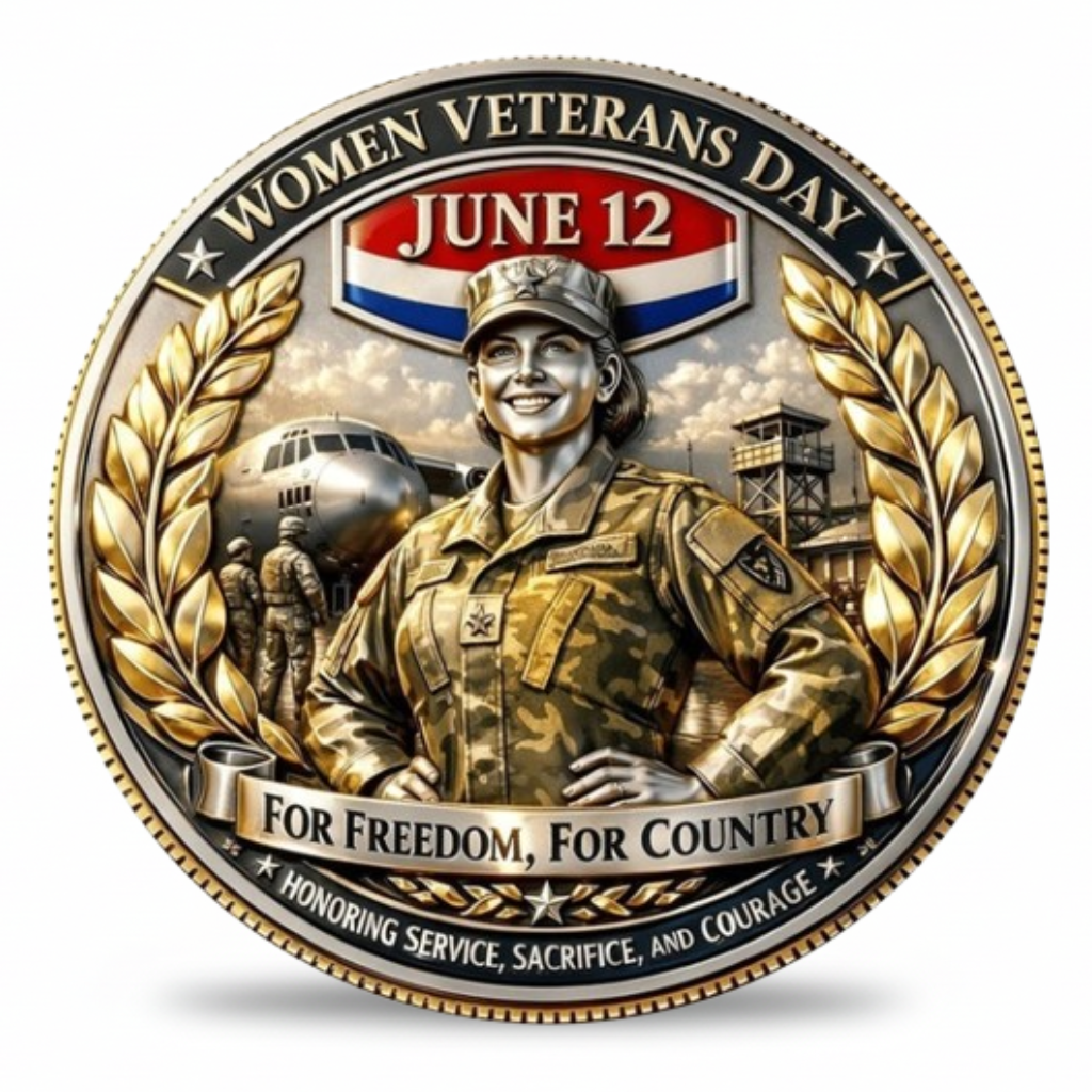 Women Veterans Day June 12 collectible coin female soldier For Freedom For Country gold finish available at One More Coin store
