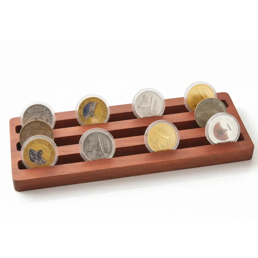 Wooden coin display tray 3 rows holds 12 coins collectible storage organizer available at One More Coin store
