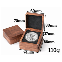 Wooden coin presentation box dimensions 88mm x 88mm x 37mm with interior measurements
