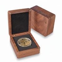 Premium walnut wood coin display box showing open and closed positions with brass hardware
