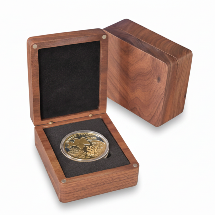 Premium walnut wood coin display box showing open and closed positions with brass hardware
