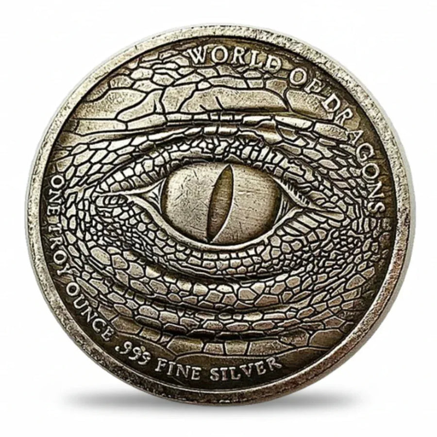 World of Dragons dragon eye collectible coin antique silver reptilian scales deep relief fantasy mythology gift for collectors available at One More Coin store
