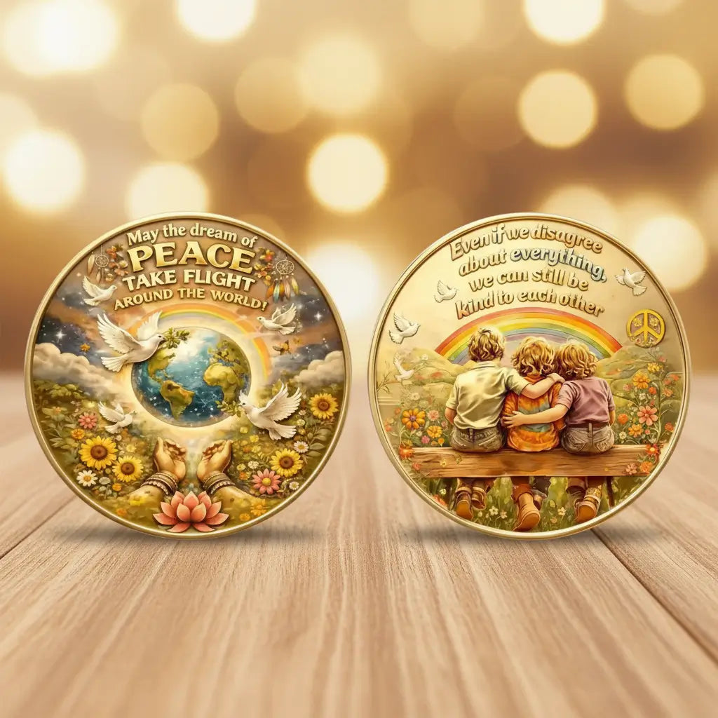 Two round commemorative coins displayed side by side on a wooden surface with a warm bokeh background. The left coin shows a globe, doves, flowers, and the text 'May the dream of PEACE TAKE FLIGHT AROUND THE WORLD!'.