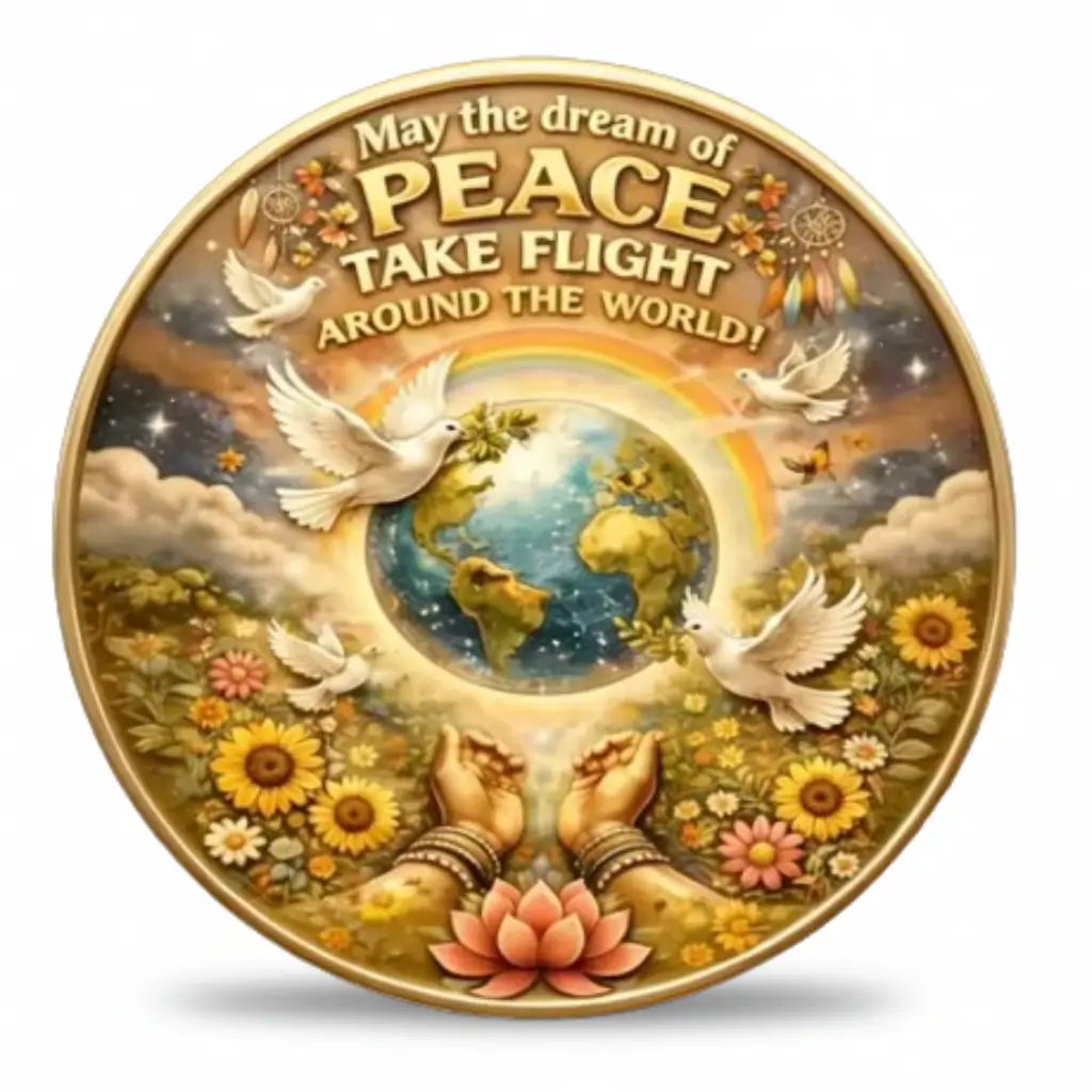 World Peace dove collectible coin front face doves globe rainbow sunflowers lotus praying hands full colour gold inspirational collectible available at One More Coin store
