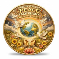 World Peace dove collectible coin front face doves globe rainbow sunflowers lotus praying hands full colour gold inspirational collectible available at One More Coin store
