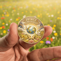 A hand holds a round commemorative coin featuring a colorful illustration of doves, a globe, flowers, and the text 'May the dream of PEACE TAKE FLIGHT AROUND THE WORLD.' The background is a blurred green field with small colorful flowers.