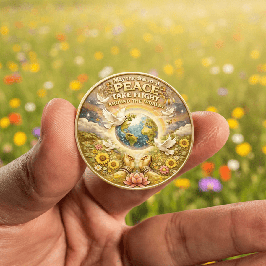 A hand holds a round commemorative coin featuring a colorful illustration of doves, a globe, flowers, and the text 'May the dream of PEACE TAKE FLIGHT AROUND THE WORLD.' The background is a blurred green field with small colorful flowers.