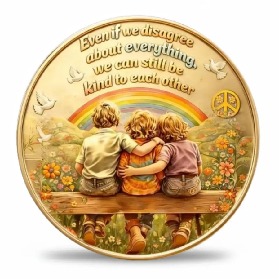 World Peace collectible coin reverse face three children rainbow kindness quote peace symbol doves full colour gold inspirational novelty collectible token
