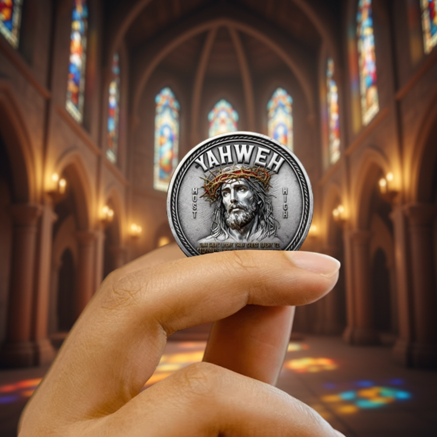 A hand holds a silver-colored religious coin featuring an illustration of Jesus with a crown of thorns and the word 'YAHWEH' at the top, set against a blurred background of a cathedral interior with stained glass windows.