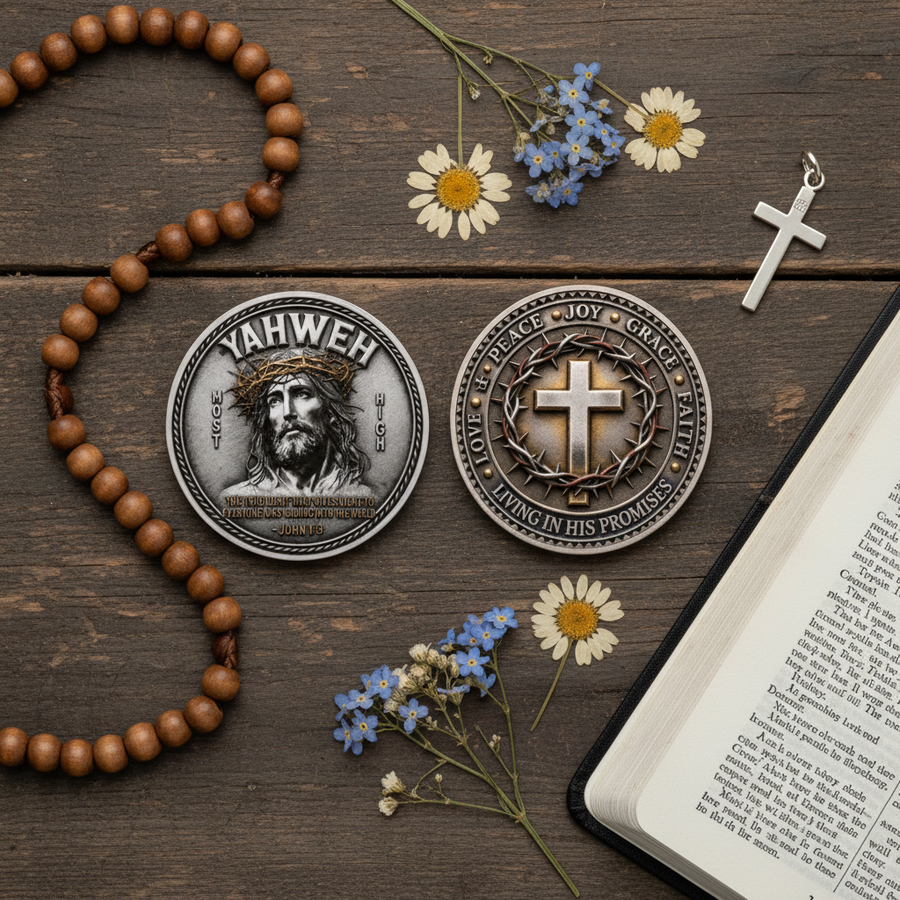 Two silver-toned Christian medallions displayed on a dark wooden surface, surrounded by a wooden rosary, a small white cross, daisies, blue flowers, and an open Bible.