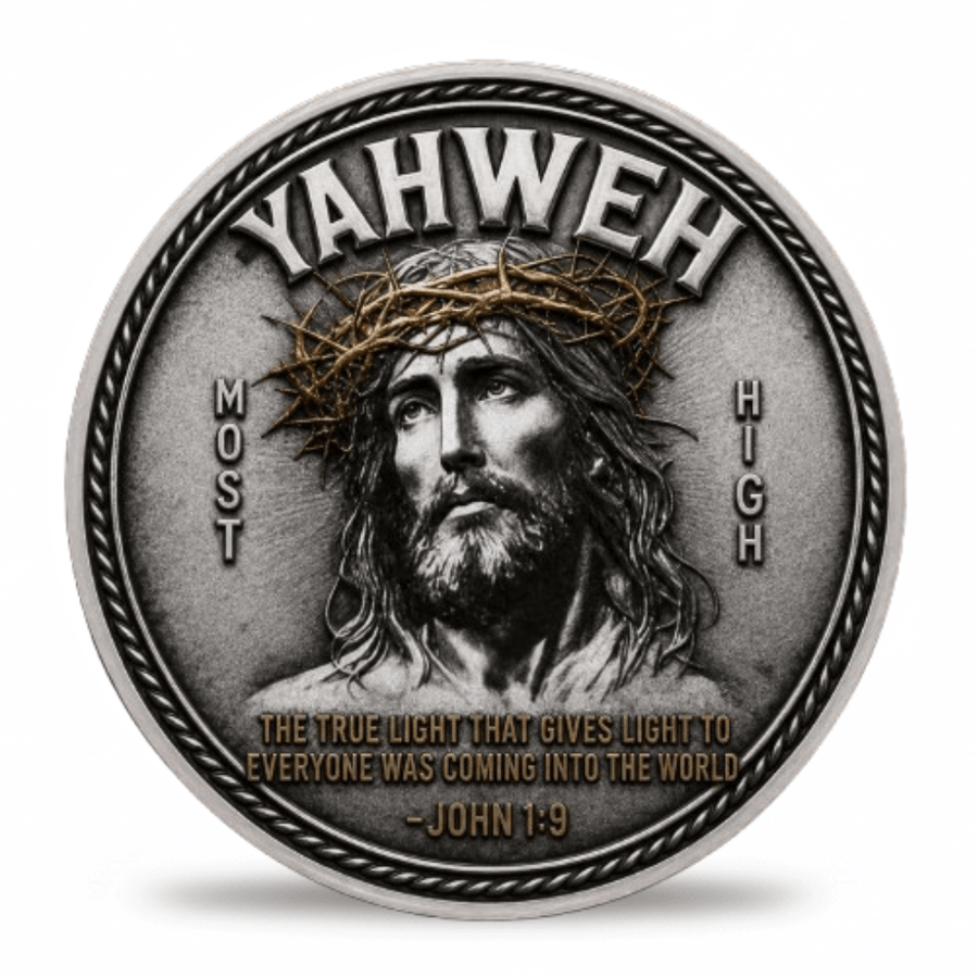 A round silver-toned medallion featuring a relief portrait of Jesus with a crown of thorns, the word 'YAHWEH' across the top, and the text 'MOST HIGH' and a biblical quote at the bottom. Available at one more coin store