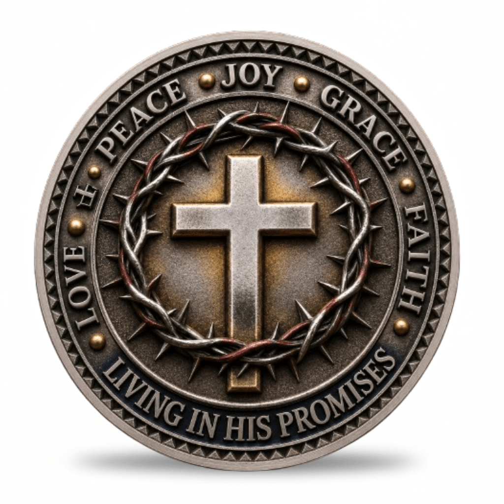 A round metallic religious medallion featuring a raised cross surrounded by a crown of thorns, with the words LOVE, PEACE, JOY, GRACE, FAITH, and LIVING IN HIS PROMISES around the border, shown on a white background.