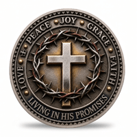 A round metallic religious medallion featuring a raised cross surrounded by a crown of thorns, with the words LOVE, PEACE, JOY, GRACE, FAITH, and LIVING IN HIS PROMISES around the border, shown on a white background.