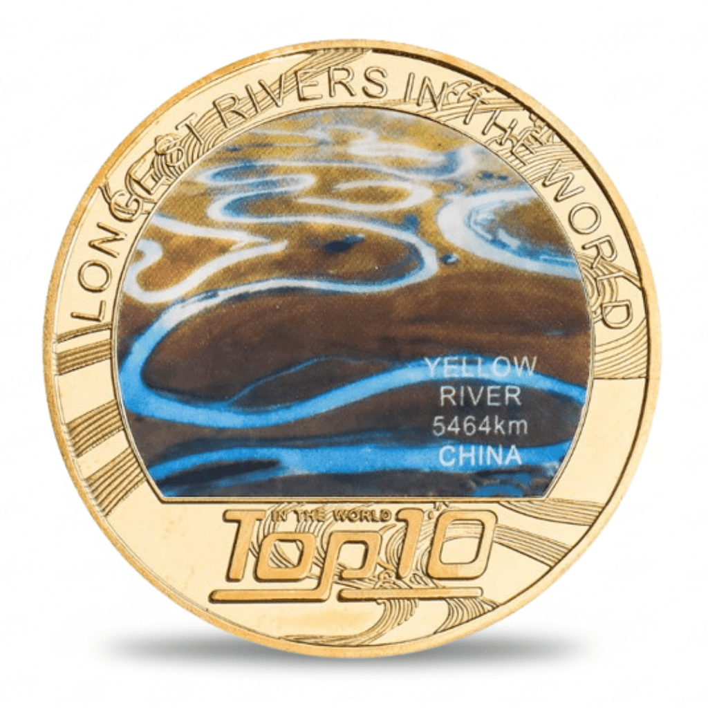 Yellow River longest rivers world collectible coin full-colour aerial photograph gold-tone token
