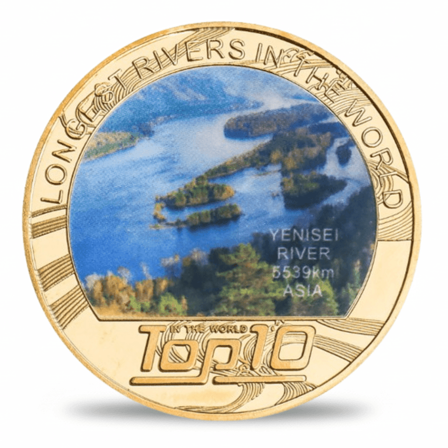 Yenisei River longest rivers world collectible coin full-colour aerial photograph gold-tone token
