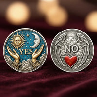 Yes No decision coin both sides YES celestial sun moon and NO angel wings heart antique silver teal enamel novelty collectible token display
