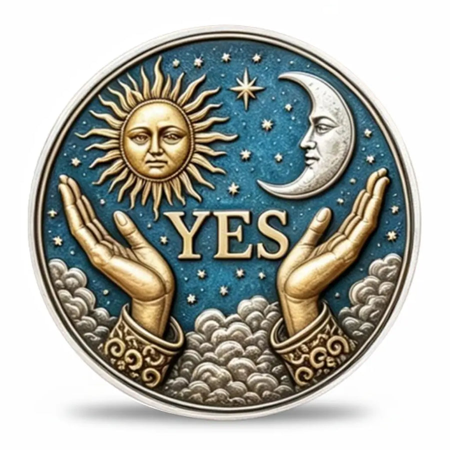 Yes No decision coin YES face celestial sun crescent moon hands clouds teal starry sky 3D relief novelty collectible available at One More Coin store

