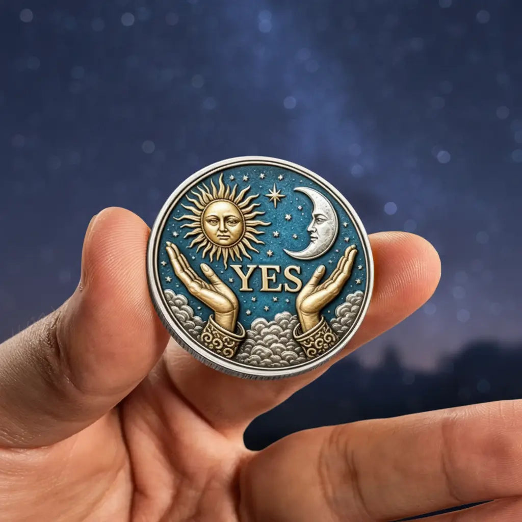 Hand holding Yes No decision coin YES face celestial sun crescent moon teal starry sky 3D relief novelty collectible