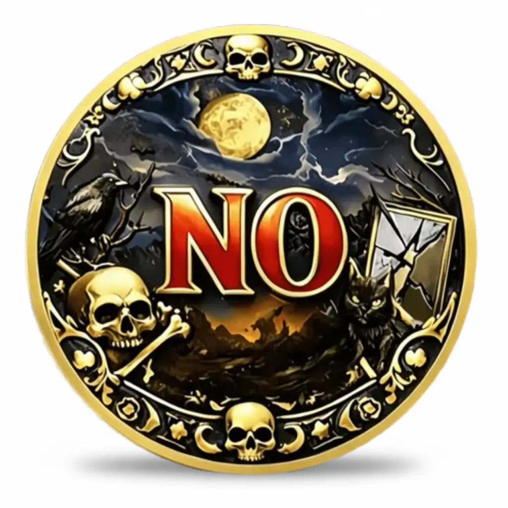 Yes No Decision coin NO face bold red orange NO lettering stormy night gold moon raven black cat skull crossbones broken mirror gold skull accents gothic scrollwork novelty collectible token
