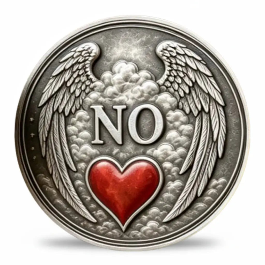 Yes No decision coin NO face angel wings clouds red enamel heart antique silver 3D relief novelty collectible token
