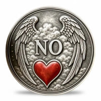 Yes No decision coin NO face angel wings clouds red enamel heart antique silver 3D relief novelty collectible token
