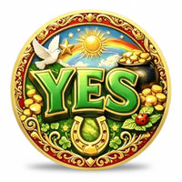 Yes No Decision coin YES face bold green YES lettering gold horseshoe white dove golden sun rainbow pot of gold four leaf clovers red ladybird gold scrollwork lucky charm collectible available at One More Coin store

