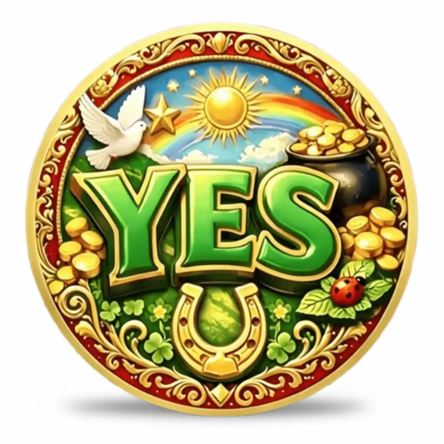 Yes No Decision coin YES face bold green YES lettering gold horseshoe white dove golden sun rainbow pot of gold four leaf clovers red ladybird gold scrollwork lucky charm collectible available at One More Coin store

