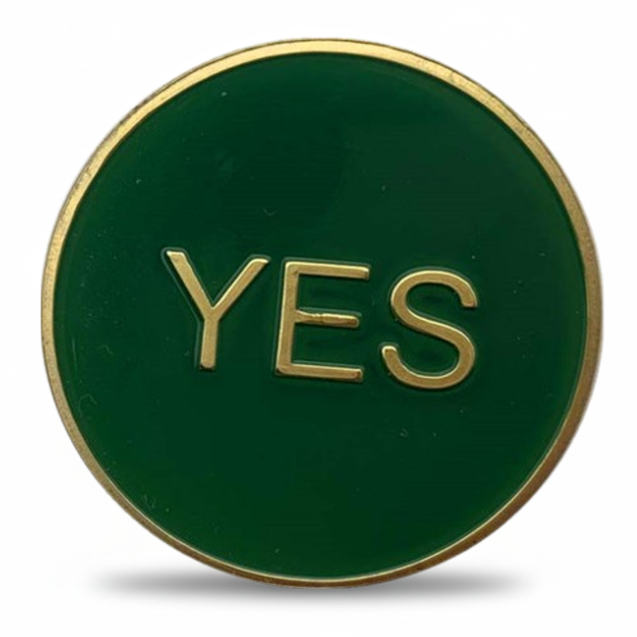 Yes No decision coin green YES side gold-plated novelty collectible gift available at One More Coin store