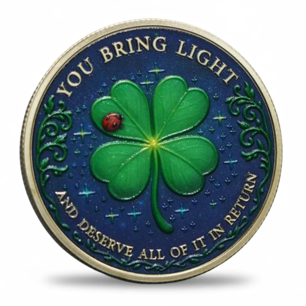 You Bring Light Lucky Day four-leaf clover coin blue enamel ladybird starfield positivity gift for her available at One More Coin store
