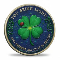 You Bring Light Lucky Day four-leaf clover coin blue enamel ladybird starfield positivity gift for her available at One More Coin store

