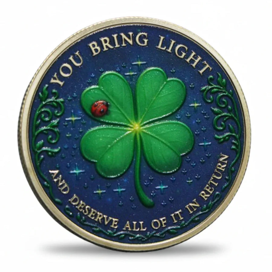 You Bring Light Lucky Day four-leaf clover coin blue enamel ladybird starfield positivity gift for her available at One More Coin store
