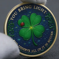 You Bring Light Lucky Day four-leaf clover coin gold finish blue enamel ladybird starfield positivity collectible token
