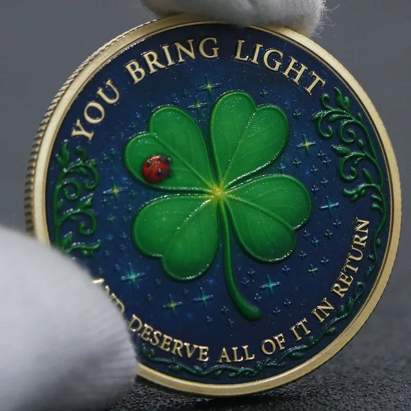 You Bring Light Lucky Day four-leaf clover coin gold finish blue enamel ladybird starfield positivity collectible token
