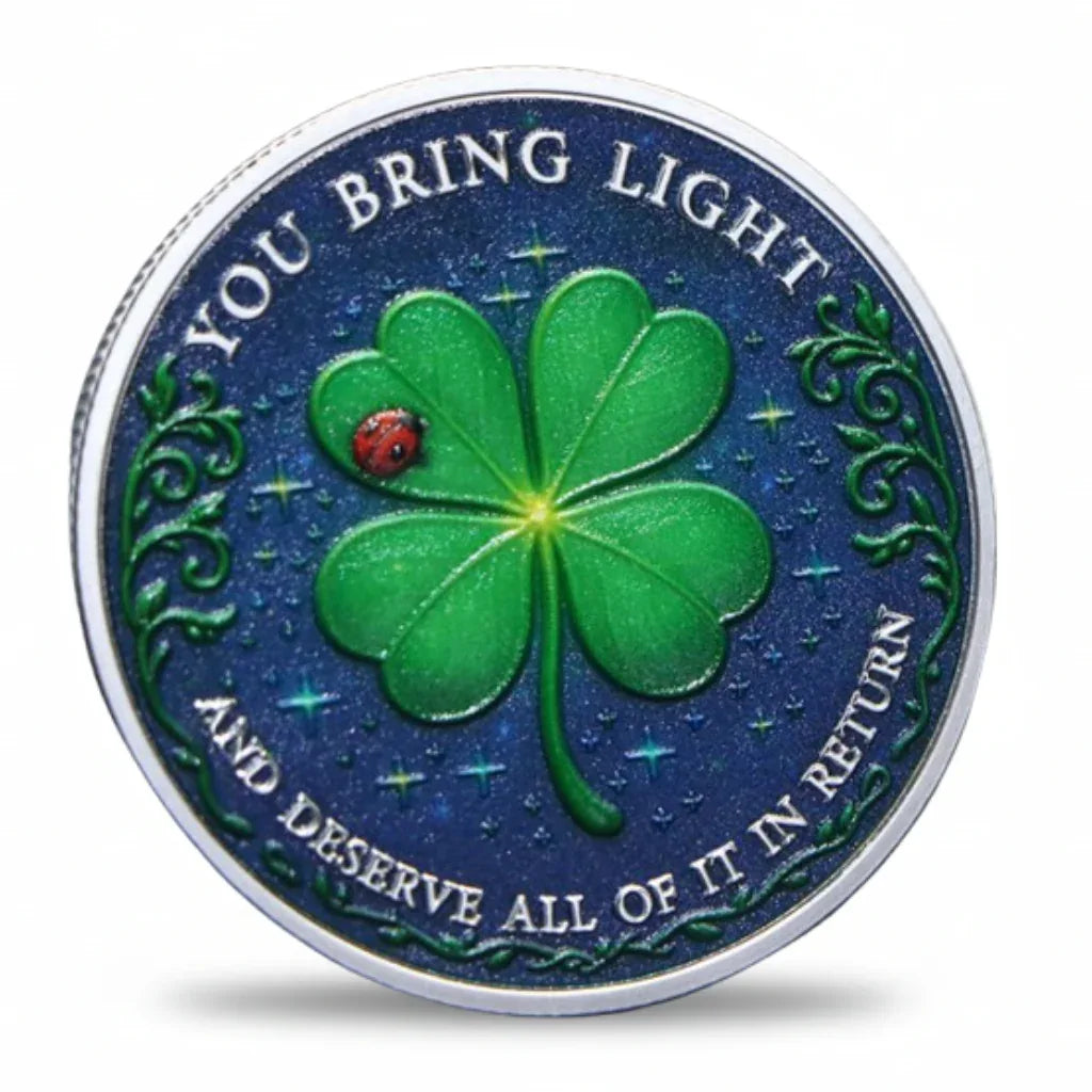 You Bring Light Lucky Day four-leaf clover coin silver finish blue enamel ladybird starfield positivity collectible token
