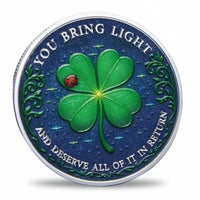 You Bring Light Lucky Day four-leaf clover coin silver finish blue enamel ladybird starfield positivity collectible token
