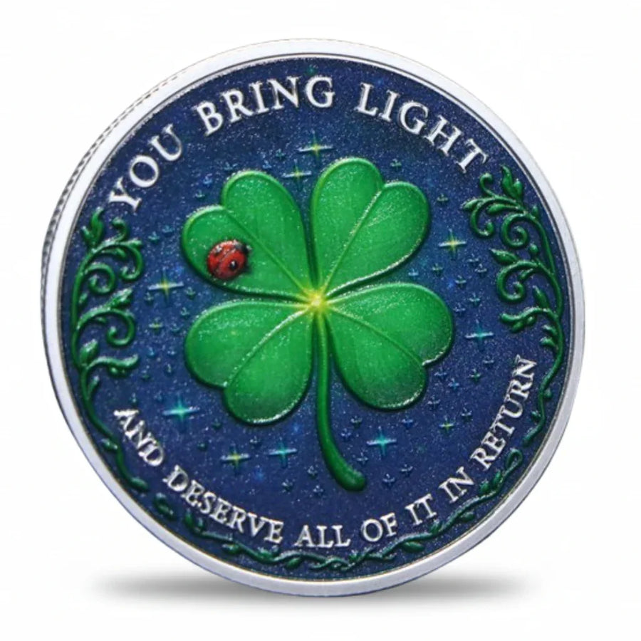 You Bring Light Lucky Day four-leaf clover coin silver finish blue enamel ladybird starfield positivity collectible token
