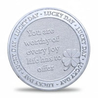 Lucky Day clover coin silver finish reverse you are worthy of every joy life has to offer inscription novelty collectible token
