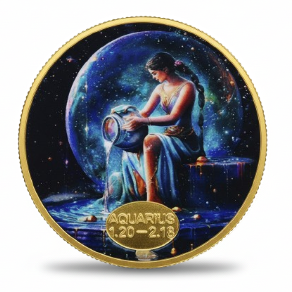 Aquarius zodiac sign commemorative collectible coin astrology birthday gift water bearer cosmic January February gift available at One More Coin store
