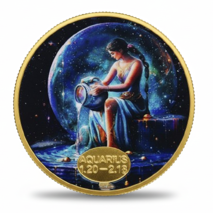 Aquarius zodiac sign commemorative collectible coin astrology birthday gift water bearer cosmic January February gift available at One More Coin store
