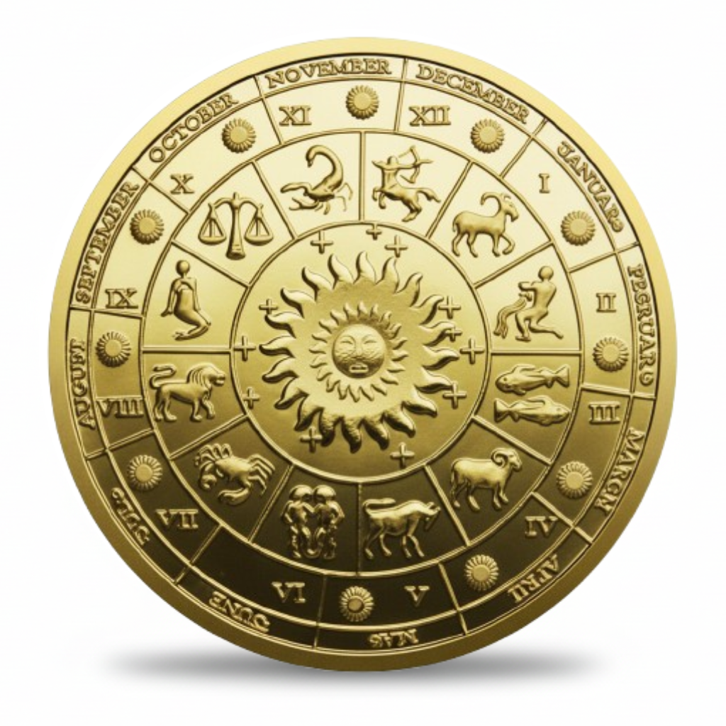 Zodiac sign coin reverse all 12 signs sun face constellation wheel collectible token
